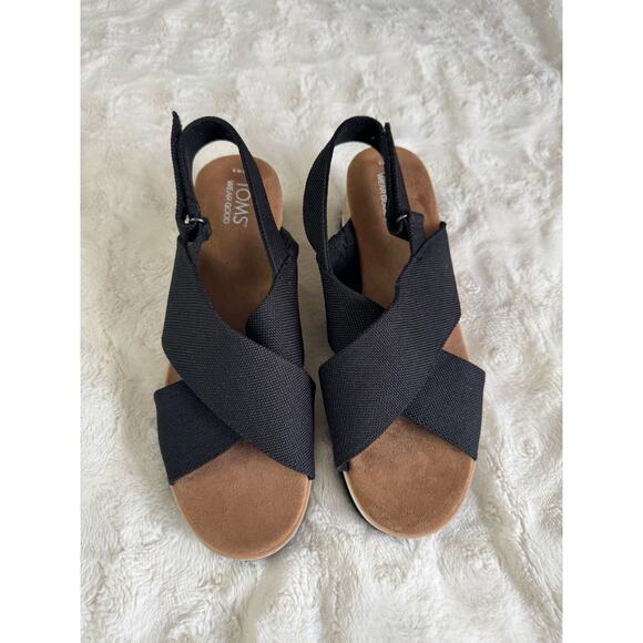 Toms Shoes - TOMS Platform Sandals Black Strappy Espadrille Wedge Size 9